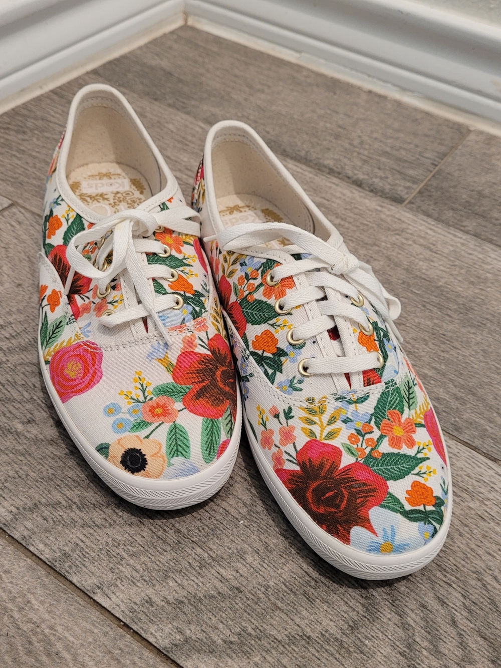 Keds White Canvas Sneakers with Pink, Red & Green Floral Print